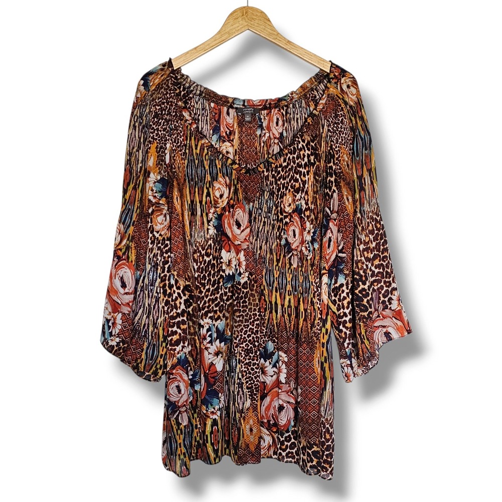 Ninety Clothing Co Top 3X Womens Tan Orange Leopard Floral Bell Sleeve Boho Fall